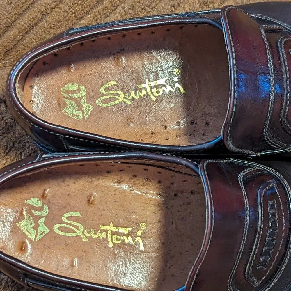 Vintage SANTONI Mens 5.5 UK Penny Loafers Oxblood Burgundy Leather Italy 3313 KK